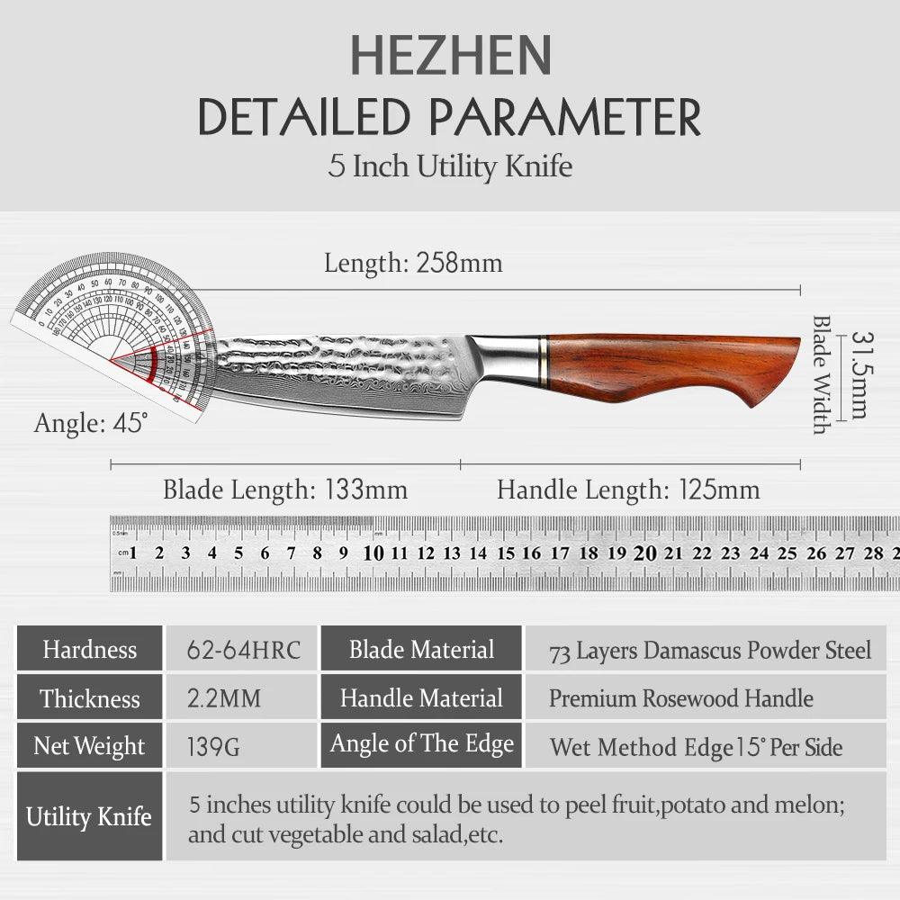 HEZHEN Santoku Damastmesser - Master Series 5 Zoll | 73-Lagen Premium Qualität - Kochschein