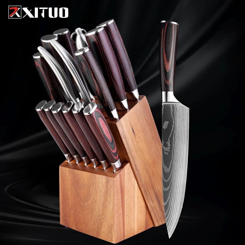 XITUO Japanisches großes Küchenmesser Set - Braun - mit Messerblock aus Holz (15-teilig) - Kochschein
