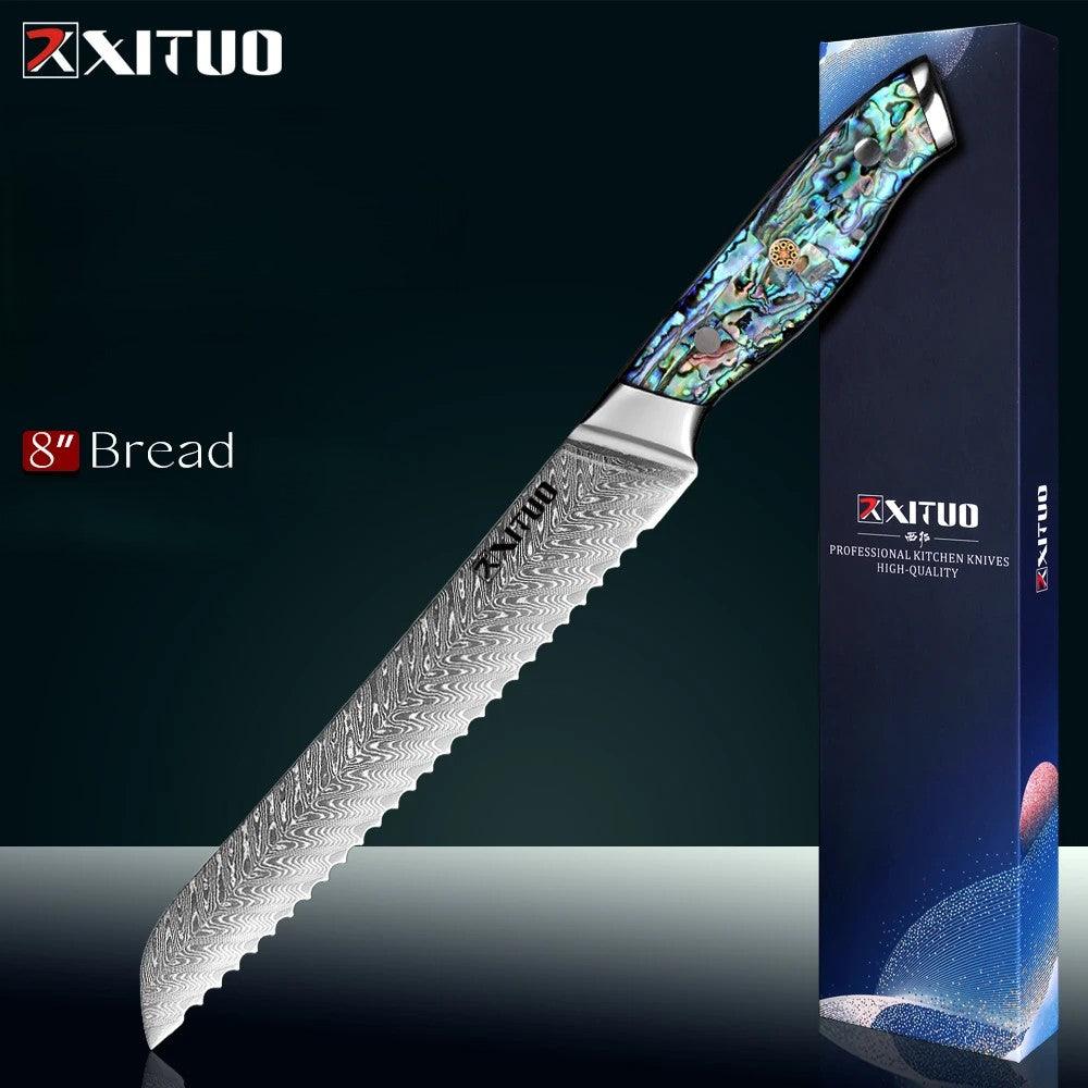 XITUO Premium Damast Brotmesser mit bunter Griffschale und Geschenkbox, edles Küchenmesser