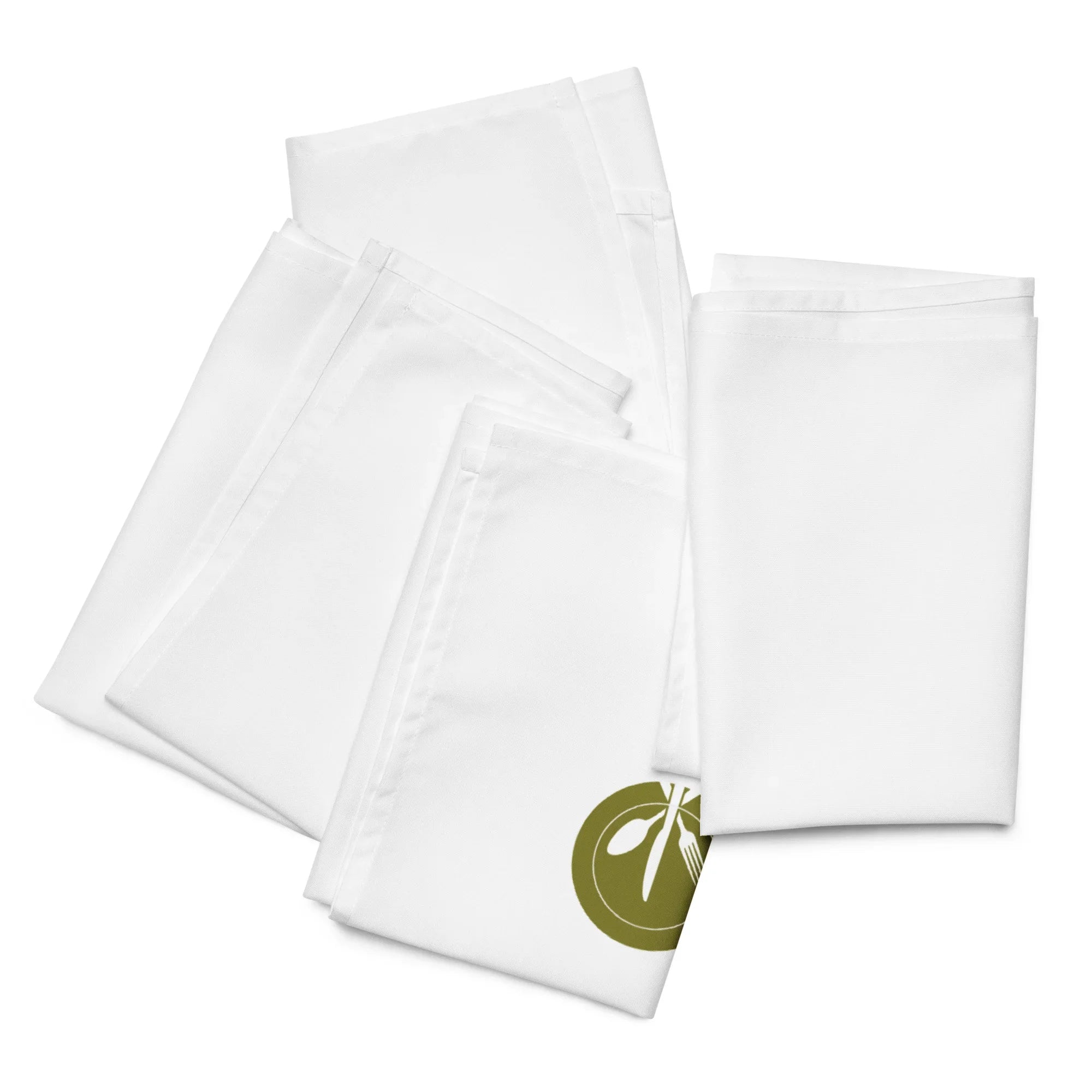 Set aus vier weißen Stoffservietten mit dezentem Besteck-Logo, elegante Tischdeko