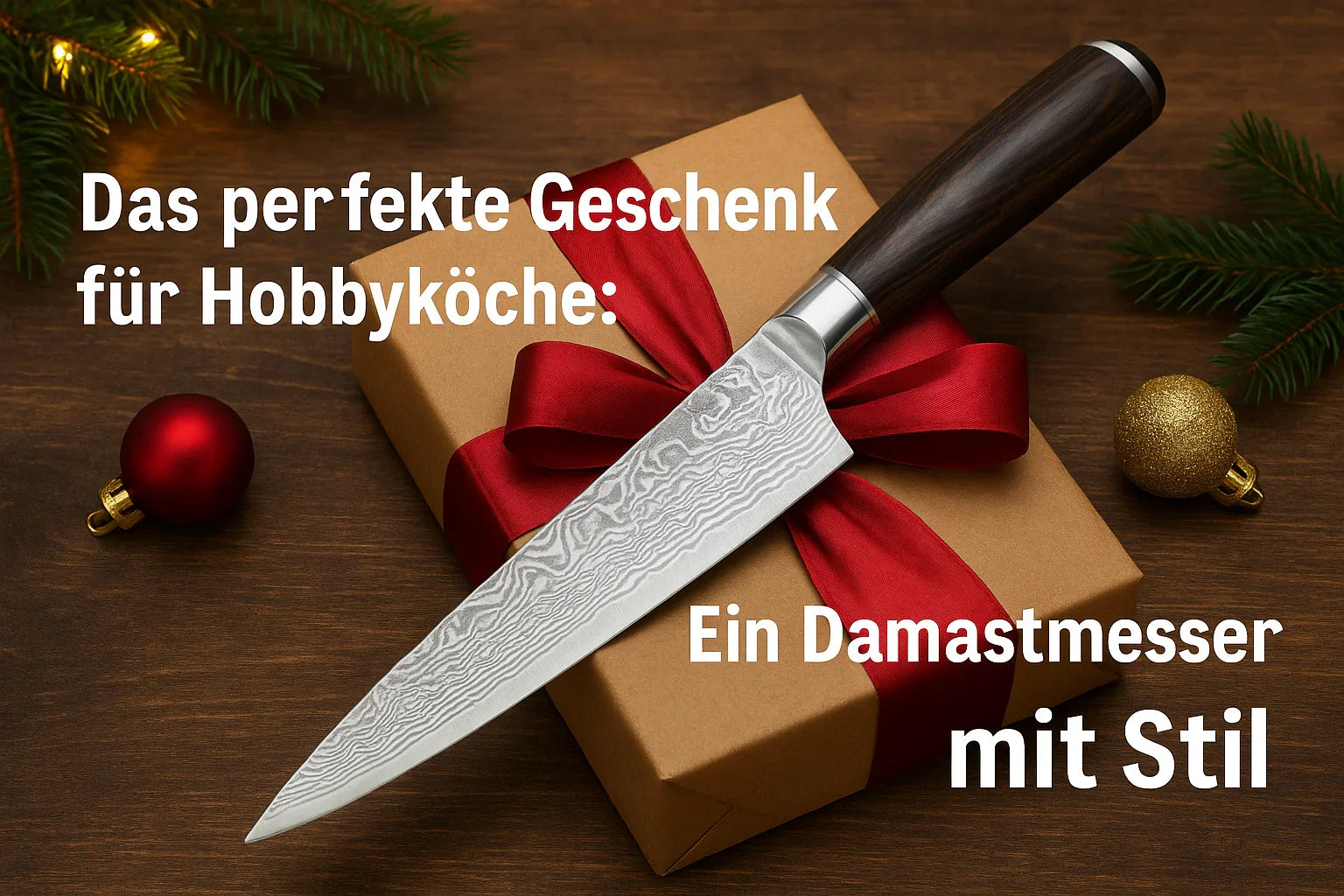 Damastmesser als Geschenkidee auf Geschenkbox mit roter Schleife, weihnachtliche Dekoration