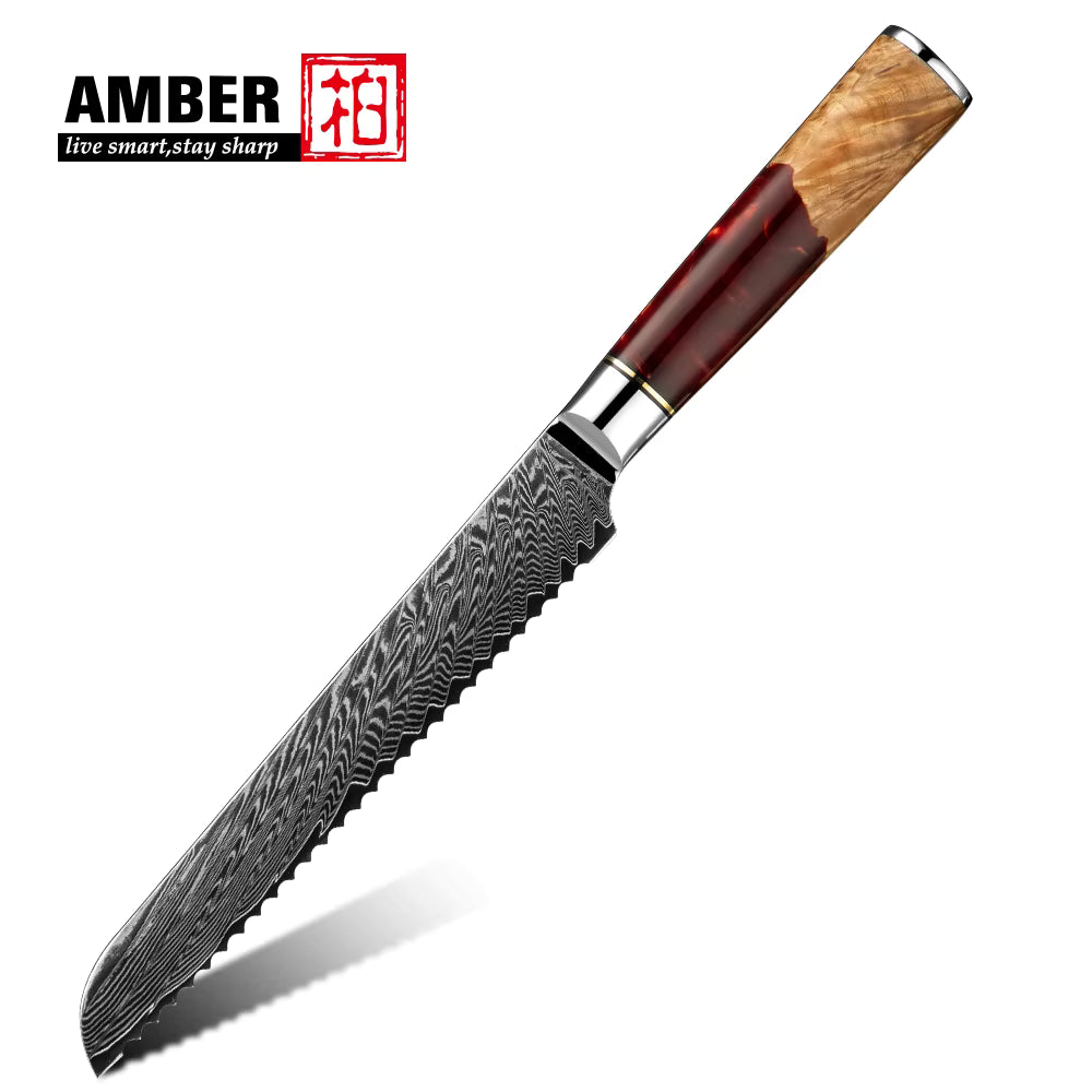 AMBER Damast Brotmesser 8 Zoll mit gemustertem Klingenstahl und edlem Holzgriff, Küchenutensil