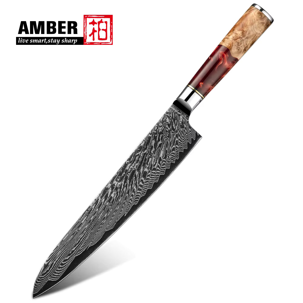 Hochwertiges AMBER Damast Kochmesser mit gemasertem Griff, exklusives Küchenmesser