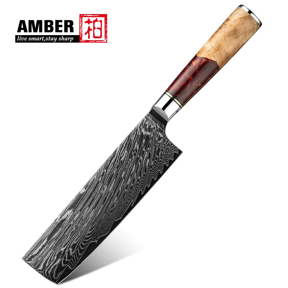 AMBER Damastmesser Nakiri 7 Zoll mit gemasertem Griff, exklusives Küchenmesser