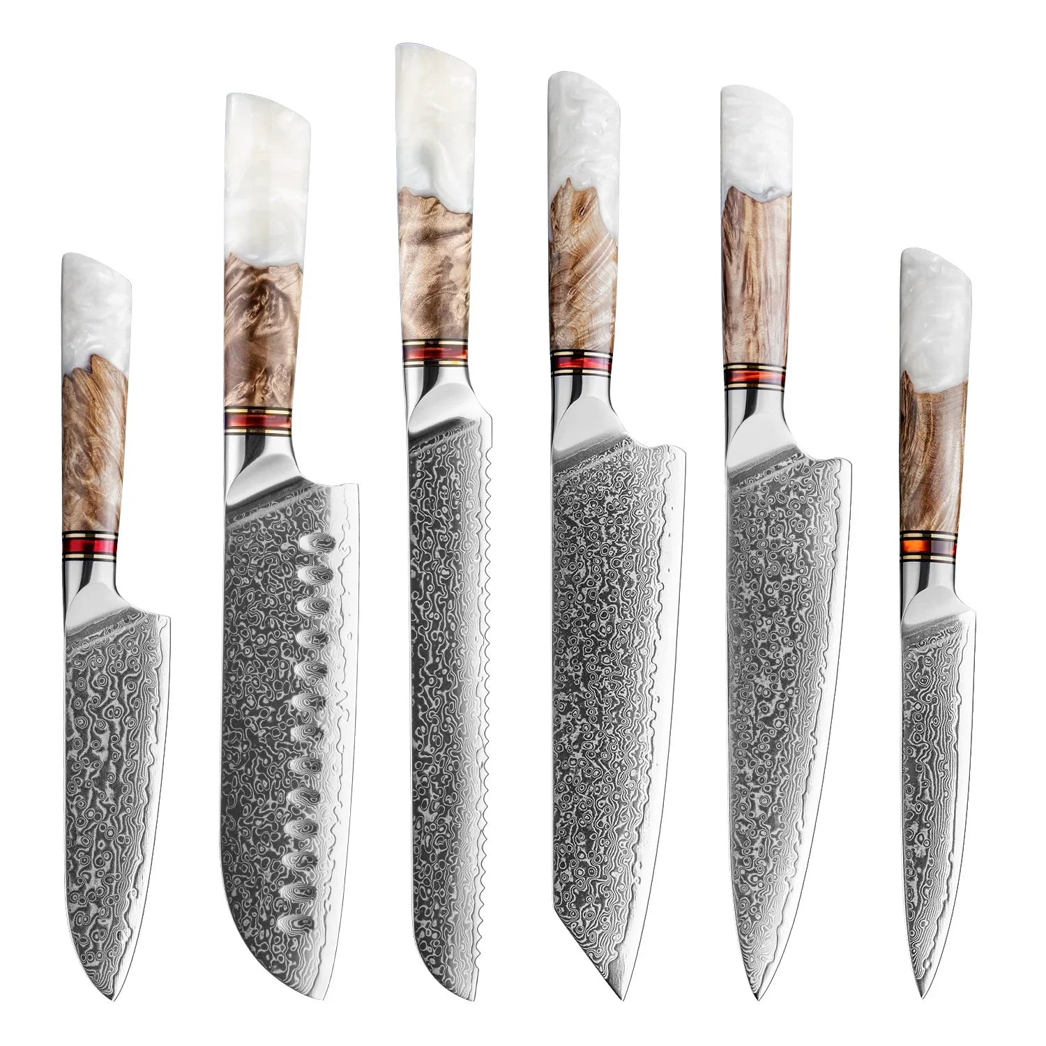 Edles Damastmesser-Set mit weiß-braunen Harzgriffen, Küchenmesser exklusiv von Kochschein