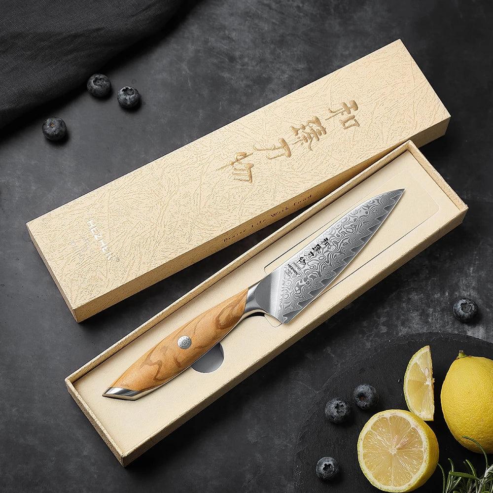 HEZHEN Utility Damastmesser Flagship 5" | 73 Lagen - Holzgriff und Geschenkbox - Kochschein