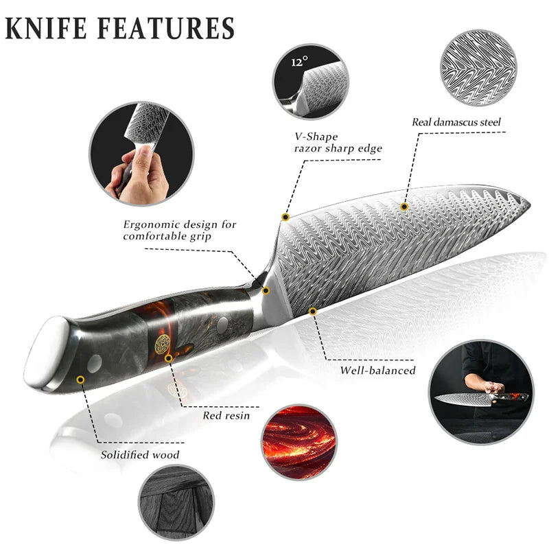 Exklusives Damast Küchenmesser mit ergonomischem Griff, solifiziertem Holz und rotem Harz, ideal für stilvolles Kochen.
