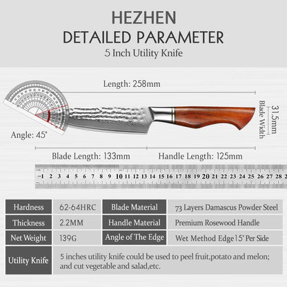 HEZHEN Santoku Damastmesser - Master Series 5 Zoll | 73-Lagen Premium Qualität - Kochschein