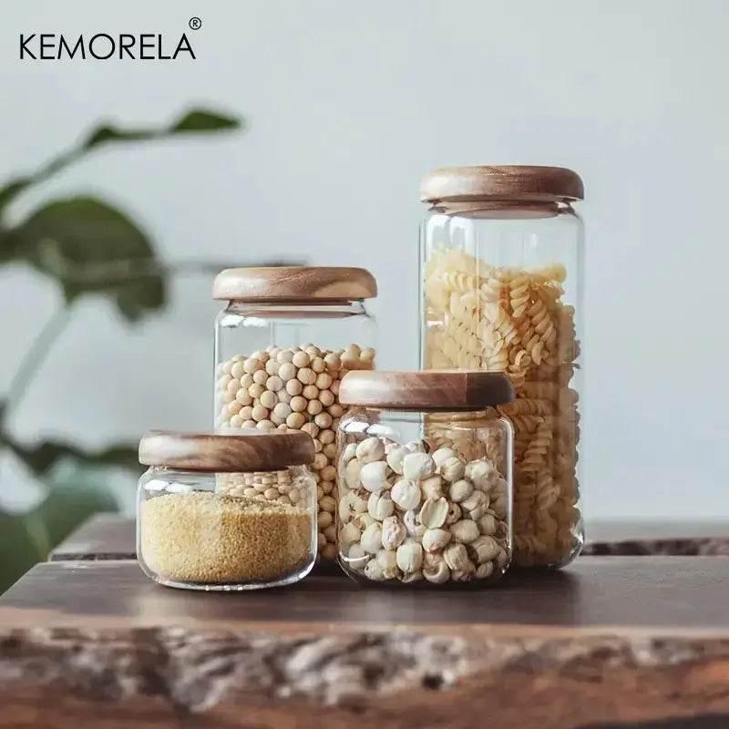 KEMORELA Transparenter Vorratsbehälter mit Holzdeckel (4 Größen) - Kochschein