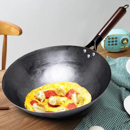 KONCO Traditioneller handgefertigter Wok mit Holzgriff (2 Größen) - Kochschein