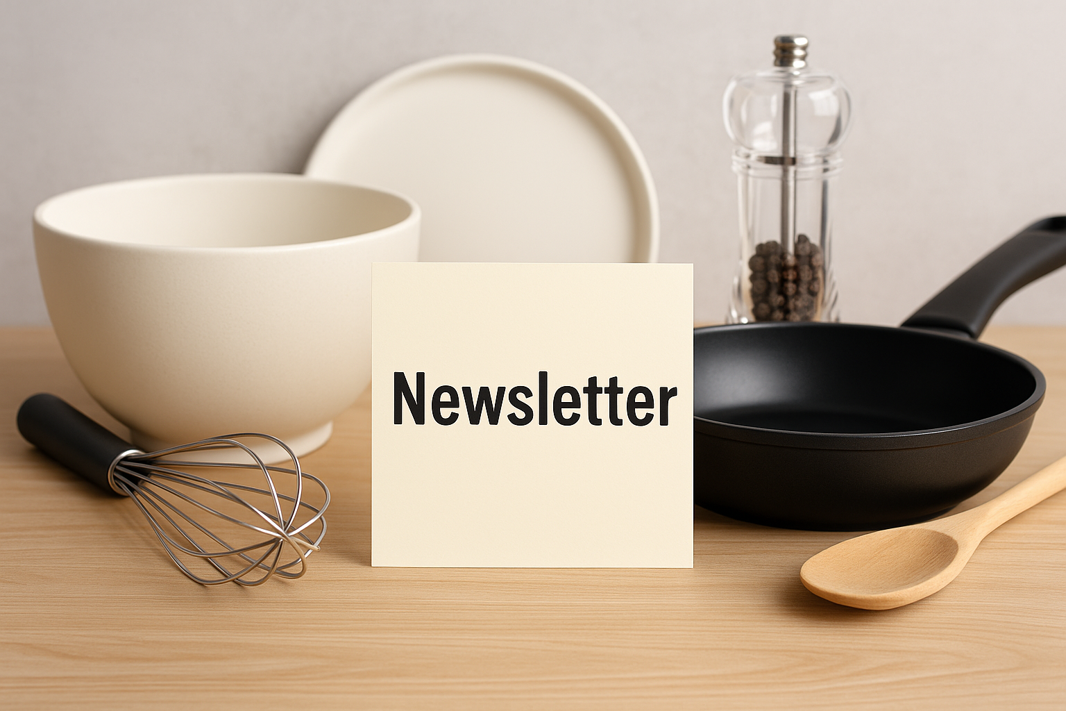 Newsletter Hinweis vor Küchenutensilien wie Schüssel, Schneebesen, Bratpfanne und Pfeffermühle