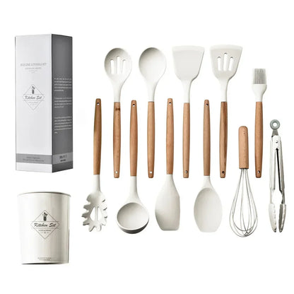 12-teiliges Silikon Küchenutensilien-Set mit Holzgriffen, modern und stilvoll, Kochschein