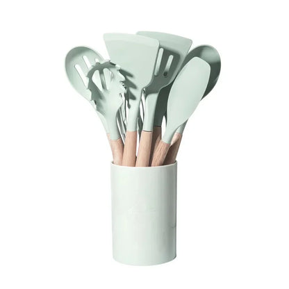 Silikon Küchenutensilien Set mit Holzgriffen in mintgrünem Halter, stilvolle Kochaccessoires