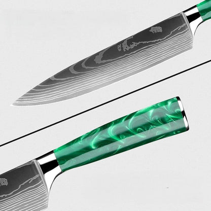 XITUO Japanisches großes Küchenmesser Set - Grün - mit Messerblock aus Holz (15-teilig) - Kochschein