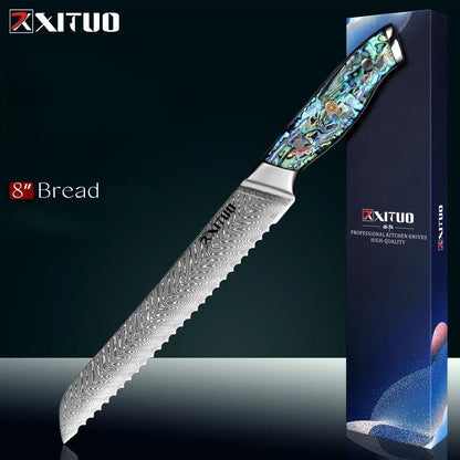 XITUO Premium Damast Brotmesser mit bunter Griffschale und Geschenkbox, edles Küchenmesser