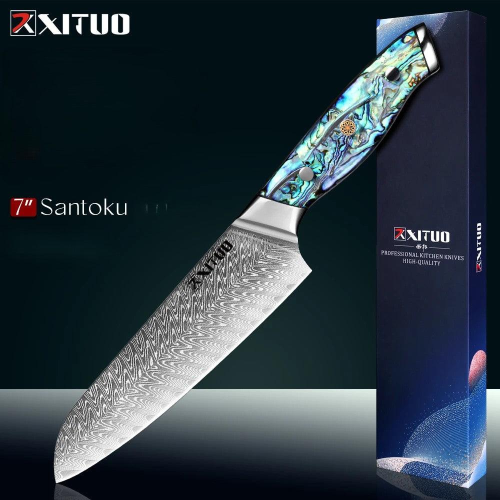 XITUO Damastmesser Santoku 7 Zoll mit gemustertem Klingenstahl und elegantem Griff, Küchenmesser