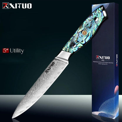 XITUO 5 Zoll Damastmesser mit buntem Griff, luxuriöse Küchenklinge neben Geschenkbox