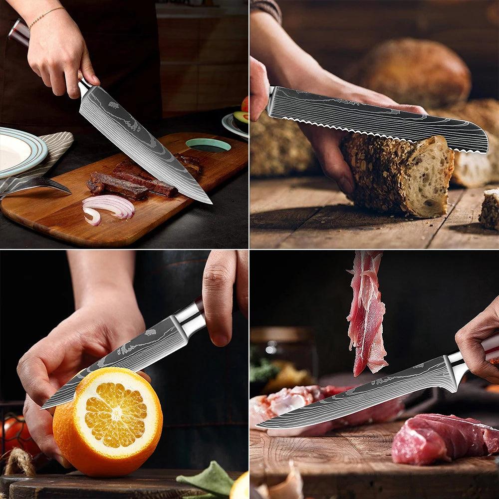 Premium Küchenmesser-Set beim Schneiden von Fleisch, Brot, Obst und Gemüse auf Kochschein