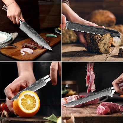 Premium Küchenmesser-Set beim Schneiden von Fleisch, Brot, Obst und Gemüse auf Kochschein