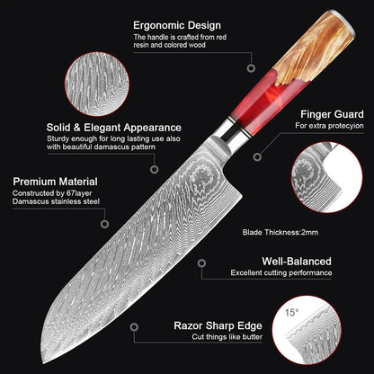 Santoku Damastmesser 7 Zoll mit ergonomischem Griff aus Holz und rot, 67 Lagen, Küchenmesser