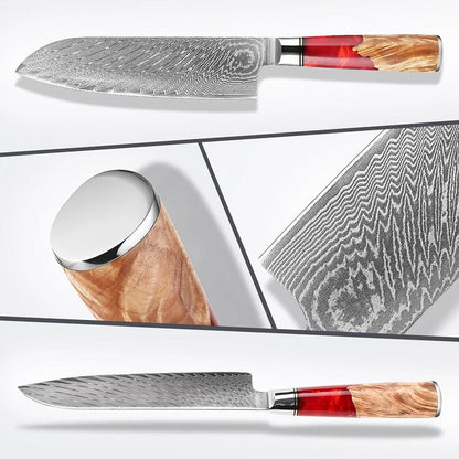Santoku Damastmesser mit gemasertem Holzgriff und Damaststahlklinge, Küchenutensilien Design