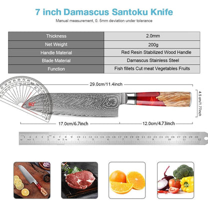 Damast Santokumesser mit 7-Zoll-Klinge, rotem Harz-Holzgriff, Maße und Materialien, ideal für Fleisch, Gemüse und Früchte, exklusive Küchenutensilien von Kochschein.