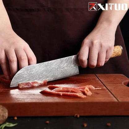 XITUO Santoku Küchenmesser mit Harzgriff, schneidet Fleisch auf Holzbrett, exklusives Küchenutensil