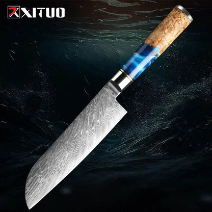 XITUO Santokumesser mit Damastklinge und blauem Harzgriff, hochwertiges Küchenmesser