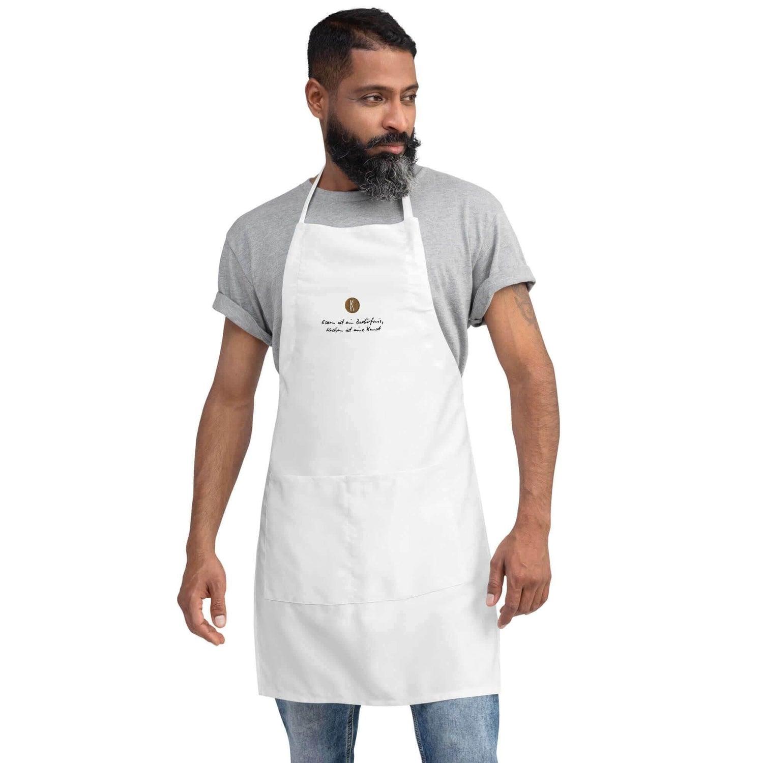 Weiße Kochschürze bestickt | Unisex - Kochen ist eine Kunst - Kochschein
