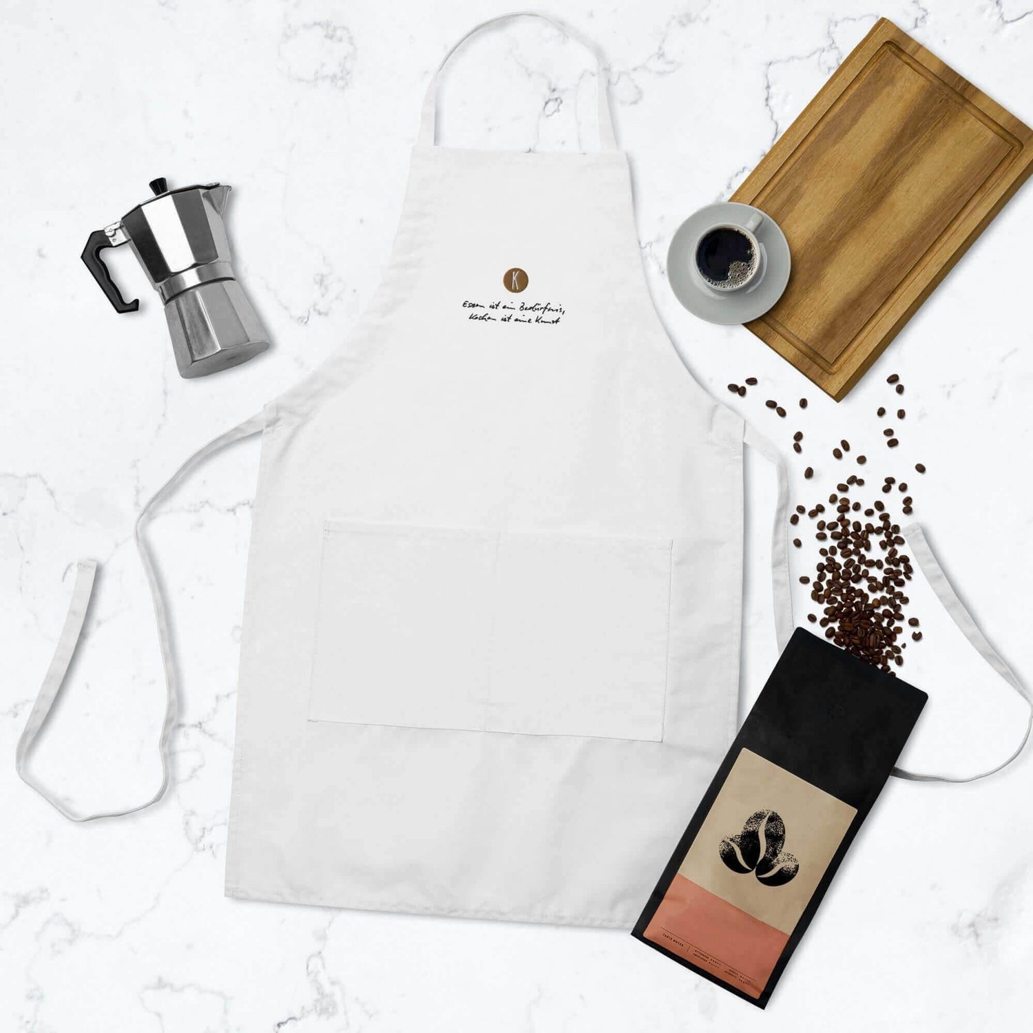 Weiße Kochschürze bestickt | Unisex - Kochen ist eine Kunst - Kochschein