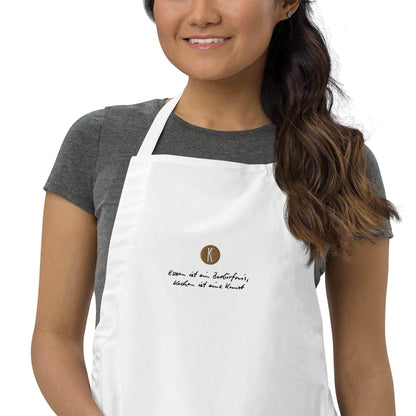 Weiße Kochschürze bestickt | Unisex - Kochen ist eine Kunst - Kochschein