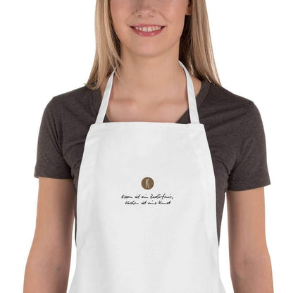 Weiße Kochschürze bestickt | Unisex - Kochen ist eine Kunst - Kochschein